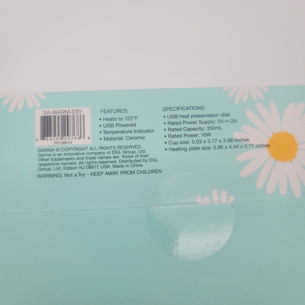 Sarina Daisy Mug Warmer Set Teal Blue Ceramic Cup Lid Spoon USB Hot Plate NIB - Picture 4 of 6